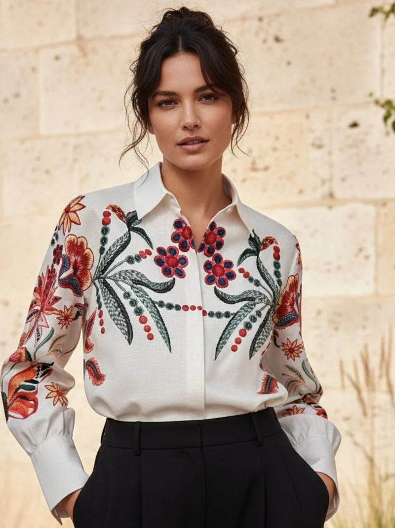 أوجيدر بلوزة مطرزة بأزرار أمامية وأكمام أسقفية باللون الأبيض المائل للصفرة